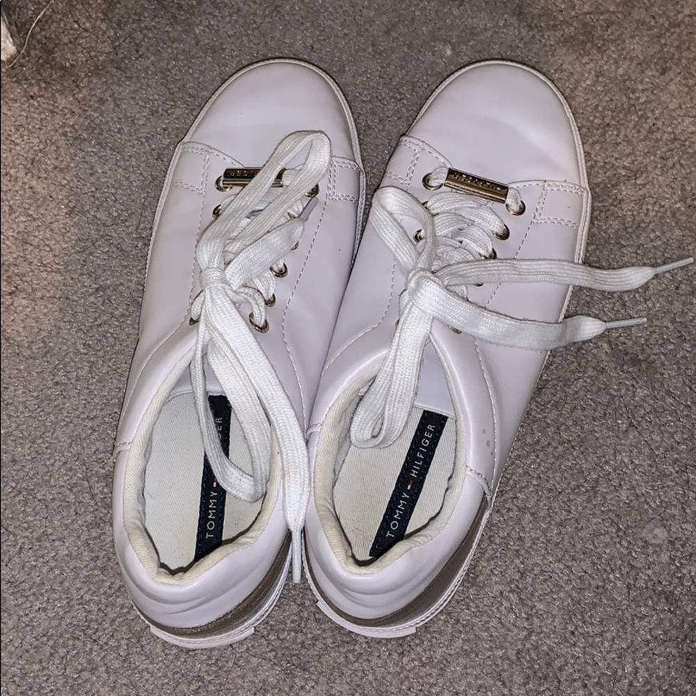 White and gold Tommy Hilfiger shoes/sneakers.